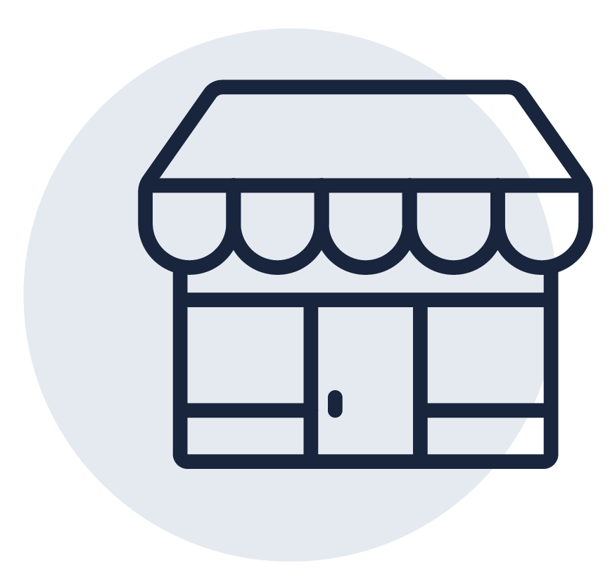 Line-drawn storefront icon with gray circle