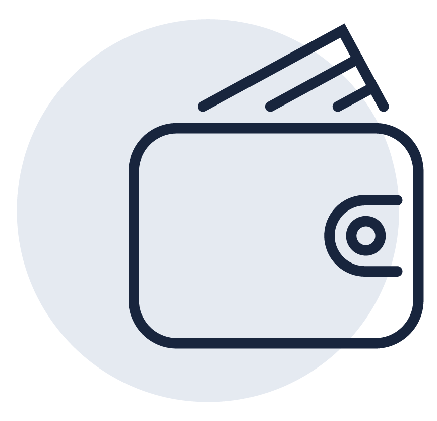 Line-drawn wallet icon with gray circle